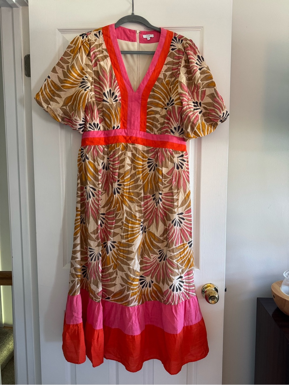 Vivid Floral Maxi Dress with Pink & Red Trim